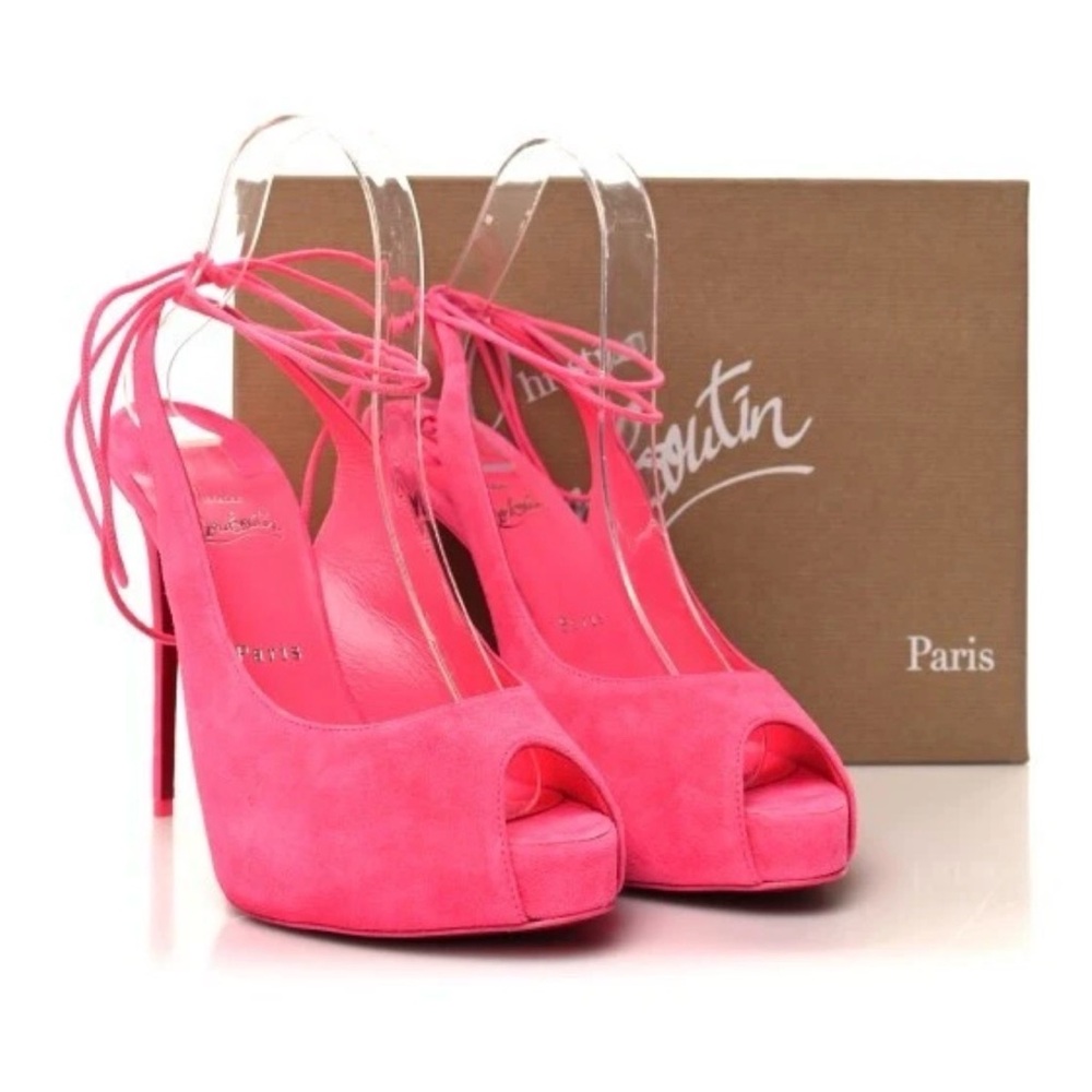 NWT CHRISTIAN LOUBOUTIN Pink Lace Up NVP Suede Peep-toe Sandal EU 39.5 US 8.5 - Picture 8 of 9